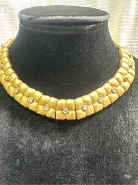 Vtg: 1990’s Heavy Matte Gold , Collar Necklace Accented By 7-Cubic Zirconias